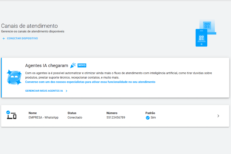 Tela de configuração do agente de IA do GLA Conecta: nome do agente, status ativado, responsabilidade (triagem) e treinamento, com o mascote do assistente.